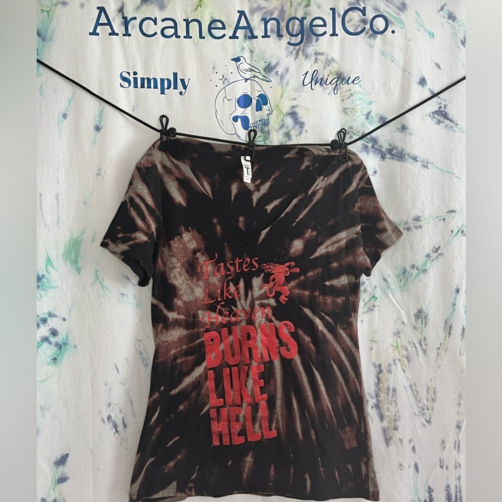 Burns like hell fireball T-shirt reverse tie dyed v neck in ladies large